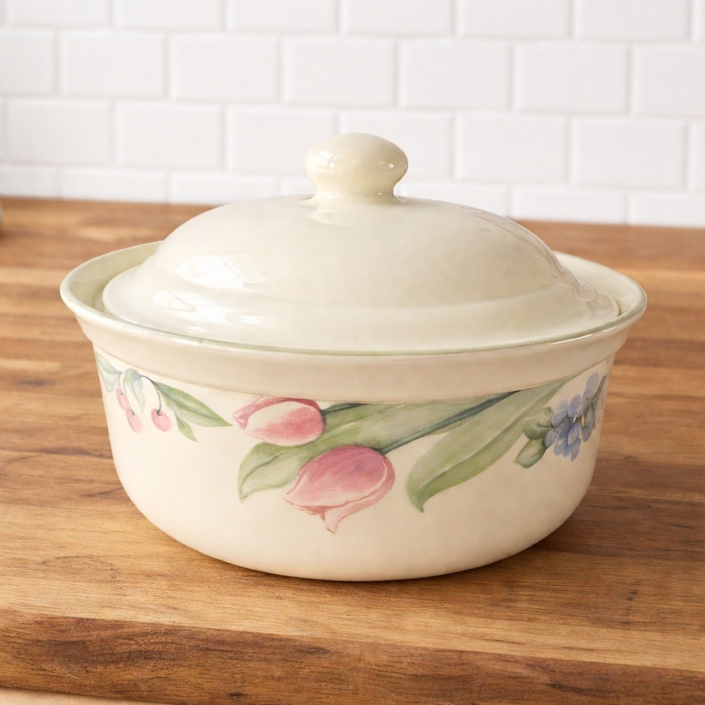 Pfaltzgraff‎ Garden Party Casserole Dish Vintage Pink Tulip Lidded Stoneware USA